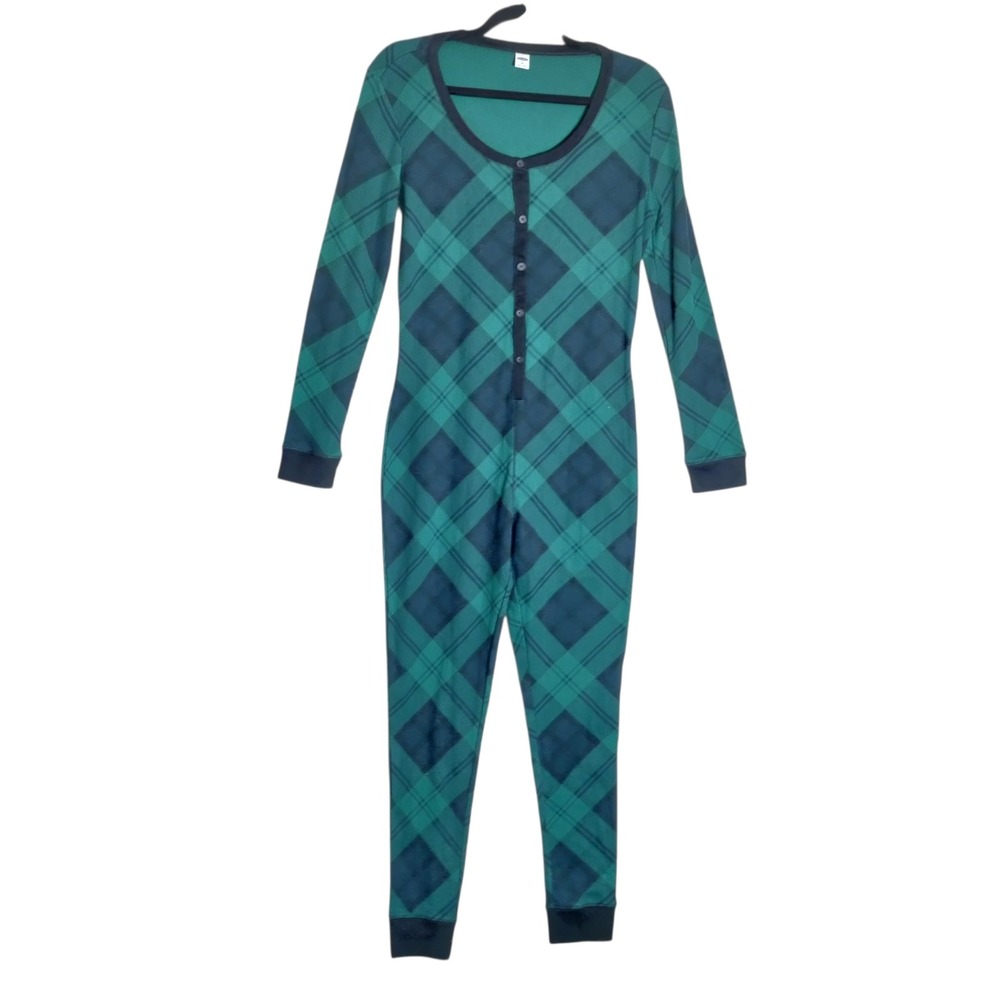 Old Navy Green Plaid Thermal Waffle Knit One-Piece Union Suit Pajamas‎ Womens M